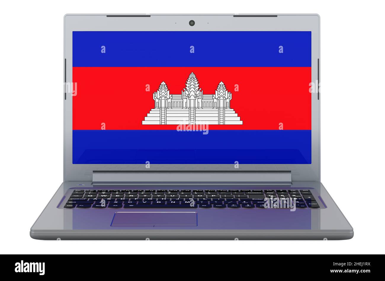 Bandiera cambogiana sullo schermo del portatile. 3D illustrazione isolata su sfondo bianco Foto Stock