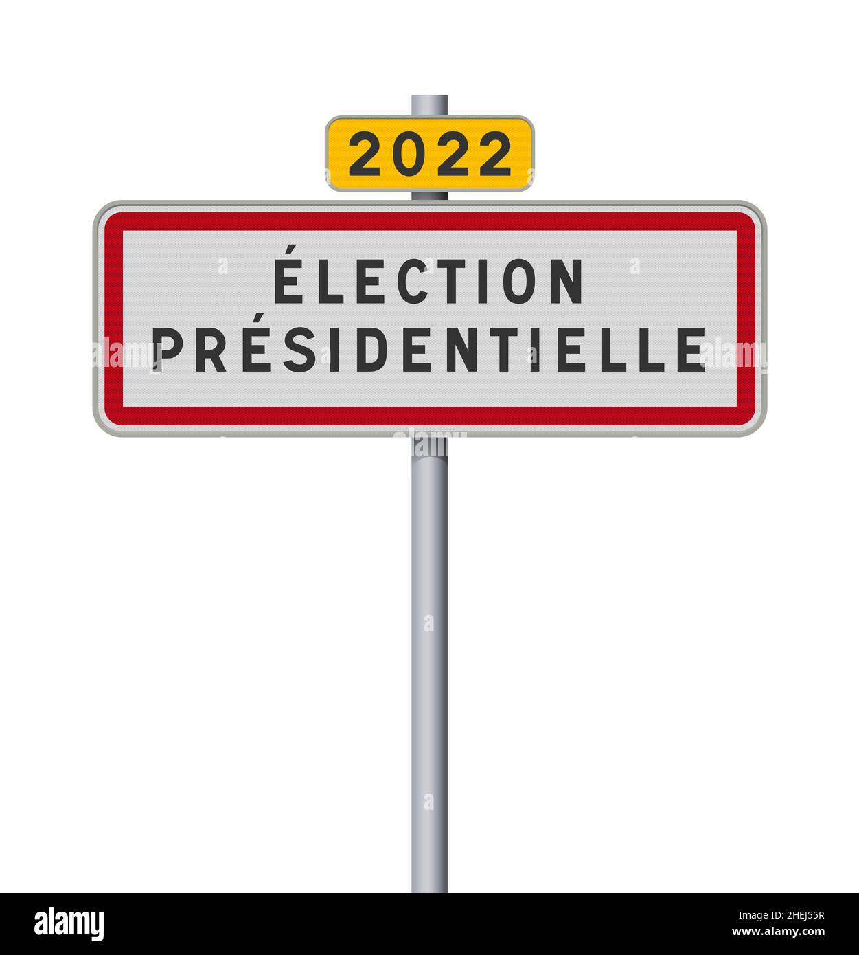 Illustrazione vettoriale della città francese che entra nel cartello stradale con 2022 elezione presidenziale in lingua francese su posta metallica Illustrazione Vettoriale