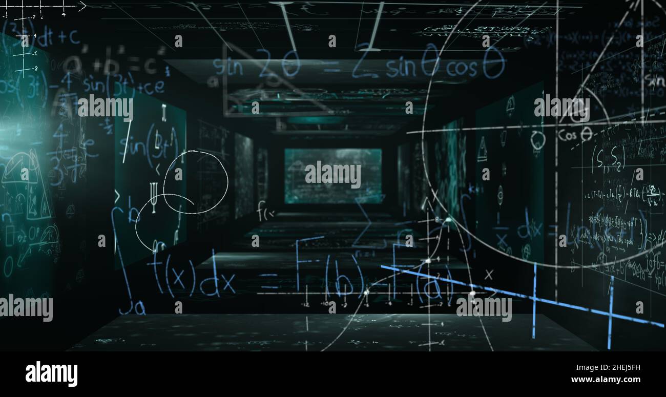 Immagine dell'elaborazione dei dati e delle equazioni matematiche su schermo Foto Stock