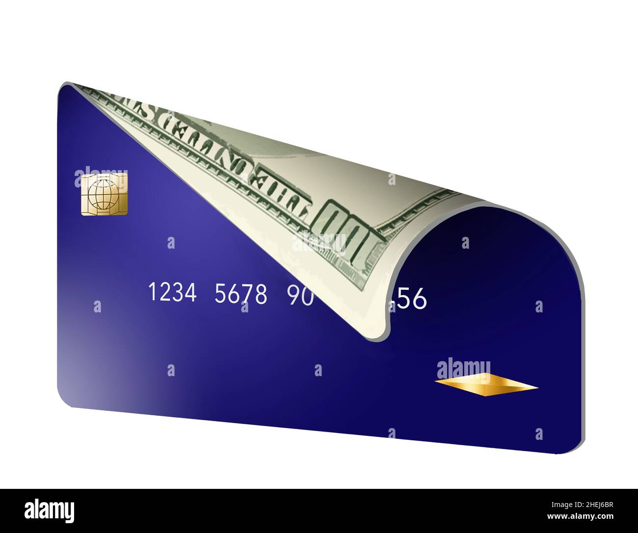 Una carta di credito generica è arricciata sopra all'angolo per rivelare il lato posteriore è una fattura di 100 dollari in questa illustrazione di 3-d circa trasportare una carta o carr Foto Stock
