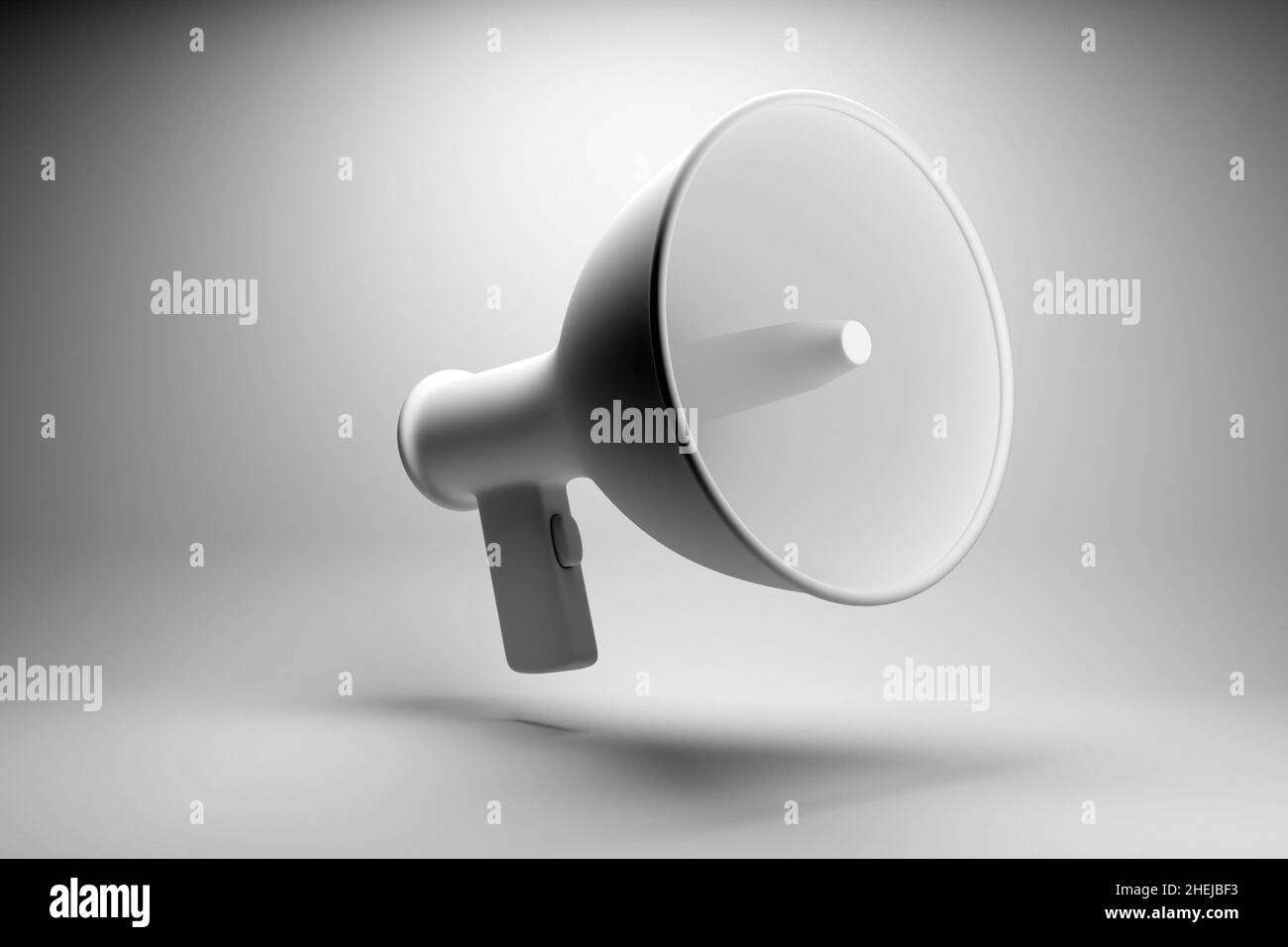 Altoparlante megafono o altoparlante megafono, illustrazione 3d realistica. Moderno altoparlante megafono isolato con buzzer e maniglia, emergente bagnino Foto Stock