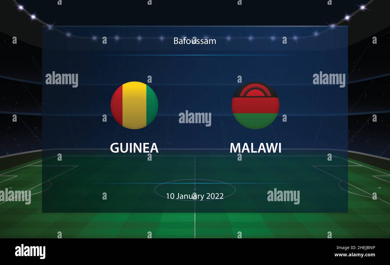 Maschera di calcio grafica per la trasmissione del tabellone segnapunti di calcio in Guinea vs Malawi Illustrazione Vettoriale