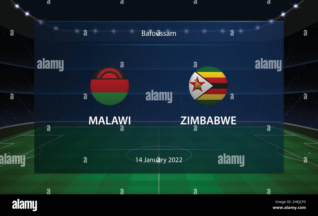 Tabellone segnapunti calcio Malawi vs Zimbabwe. Trasmetti modello di calcio grafico Illustrazione Vettoriale