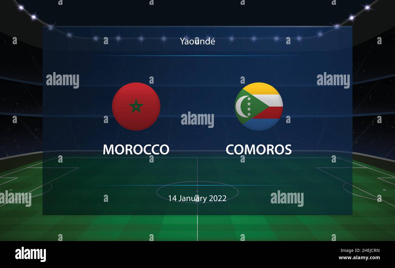 Tabellone segnapunti di calcio Marocco vs Comore. Trasmetti modello di calcio grafico Illustrazione Vettoriale