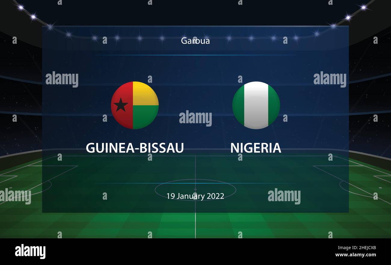 Tabellone segnapunti calcio Guinea-Bissau vs Nigeria. Trasmetti modello di calcio grafico Illustrazione Vettoriale