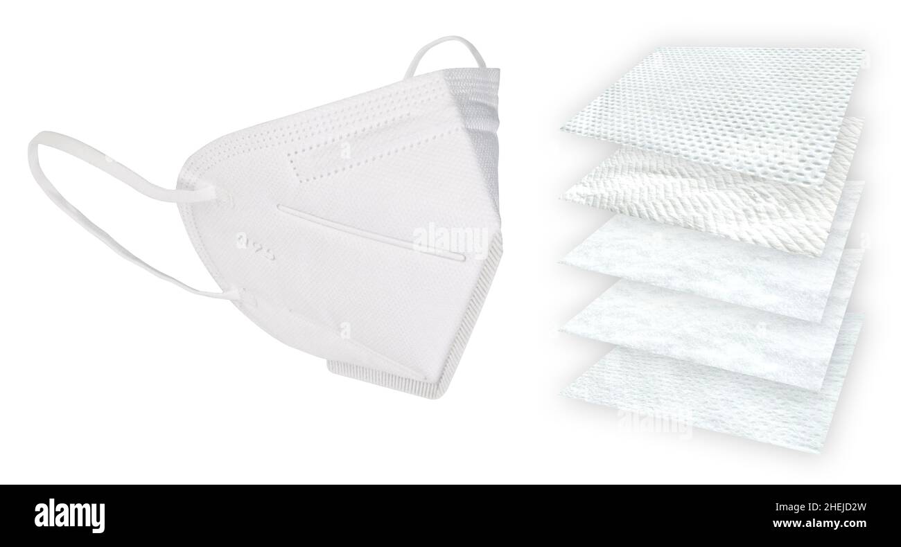 Maschera respiratoria bianca a cinque strati N95 isolata su bianco Foto Stock
