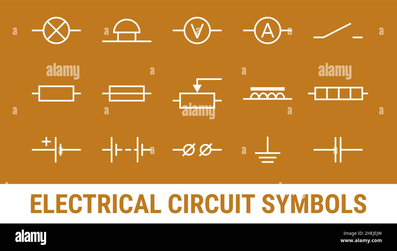 Set di simboli dei circuiti elettrici. Icone piatte bianche su sfondo arancione. Lampada, amperometro e voltmetro, campana, morsetto, resistore e batteria a celle Illustrazione Vettoriale