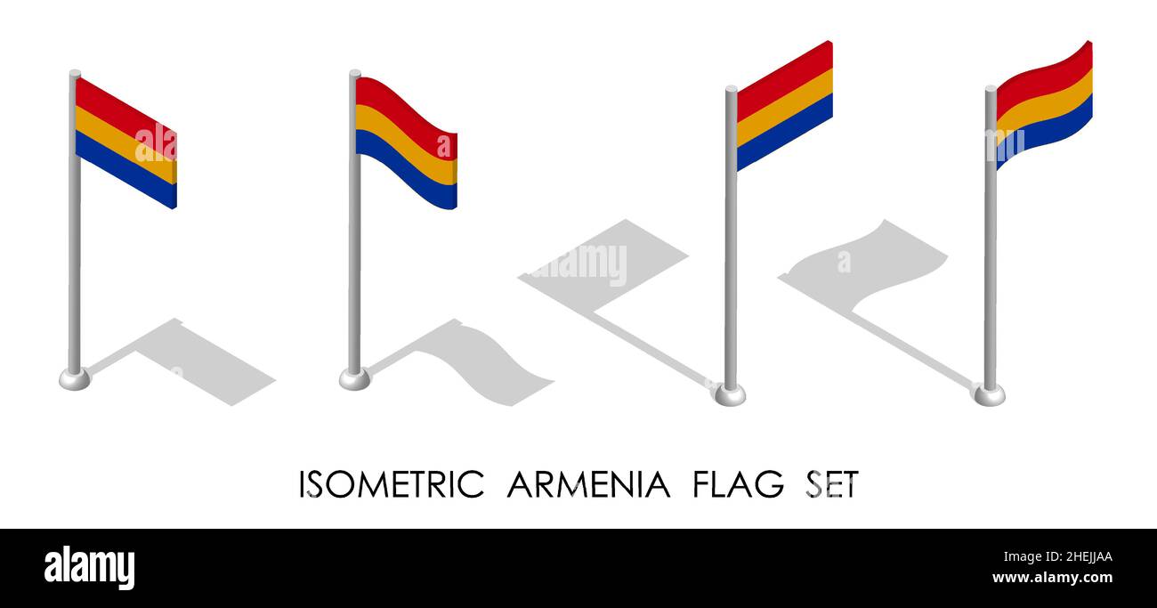Bandiera isometrica della Repubblica DI ARMENIA in posizione statica e in movimento sul flagpole. 3d vettore Illustrazione Vettoriale