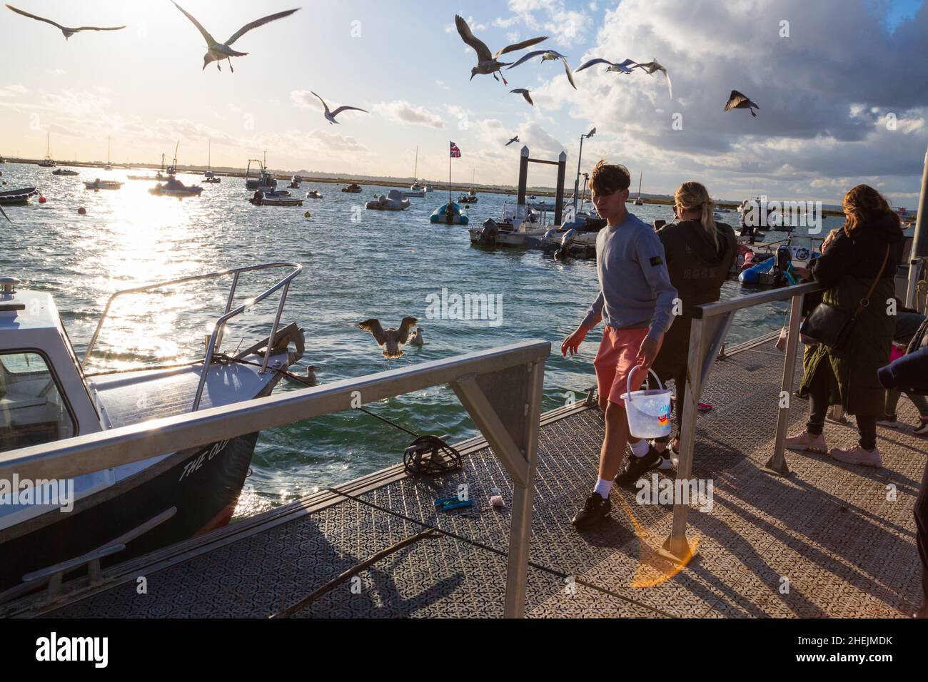 Pontone di Mersea, gente che pesca i granchi, mersea, essex, regno unito Foto Stock