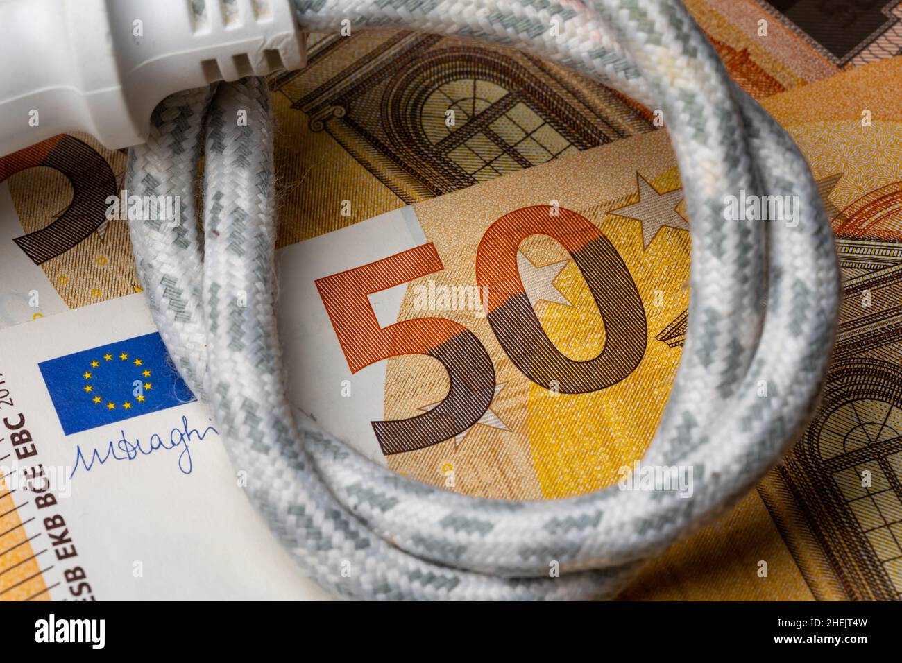 Cavo elettrico con presa sullo sfondo di 50 Euro Bill. Aumento del prezzo dell'elettricità in Europa. Foto scattata sotto luce artificiale e soffusa Foto Stock