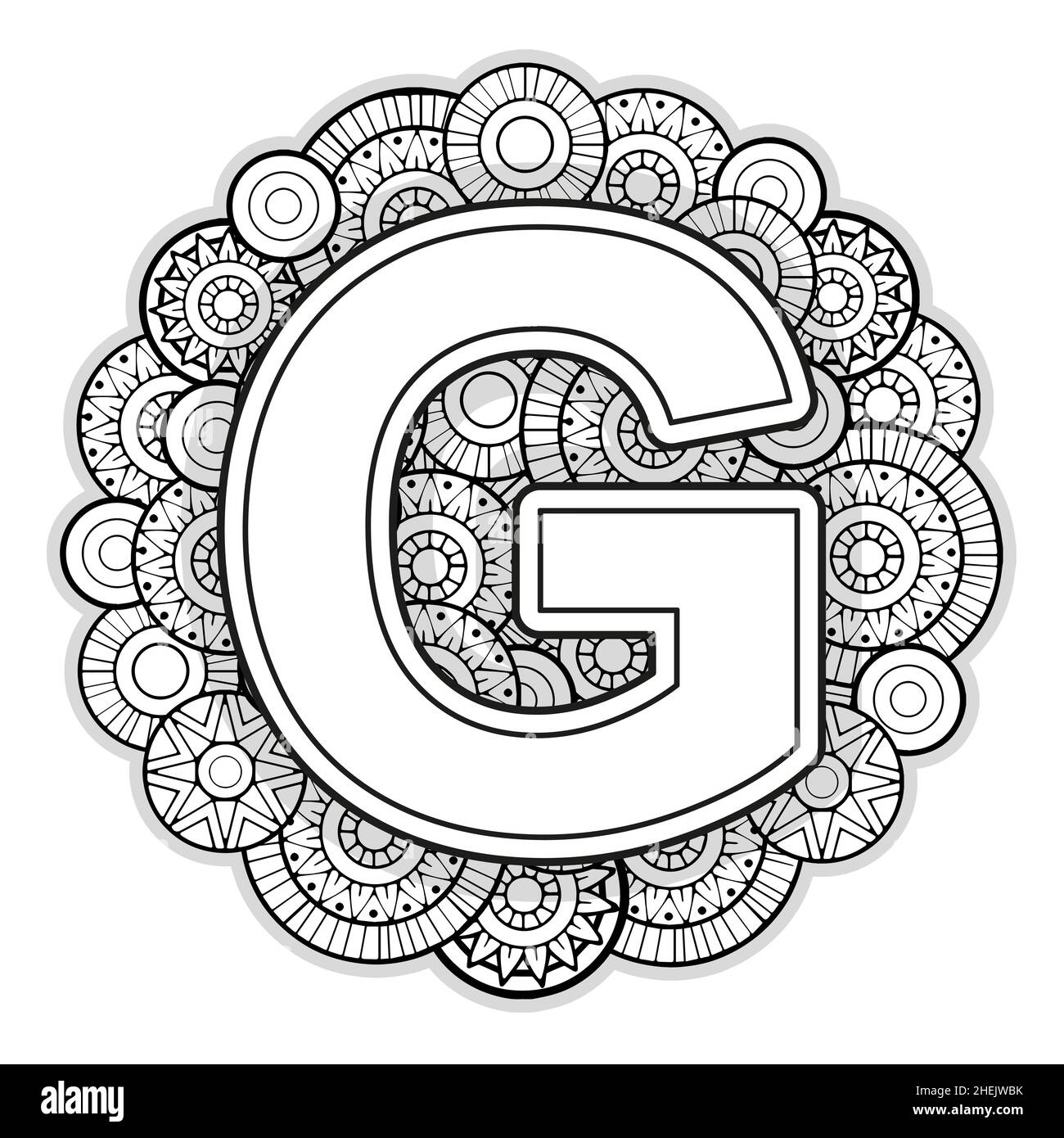 Pagina di colorazione vettoriale per adulti. Contorno bianco e nero Capital English lettera G su sfondo mandala Illustrazione Vettoriale