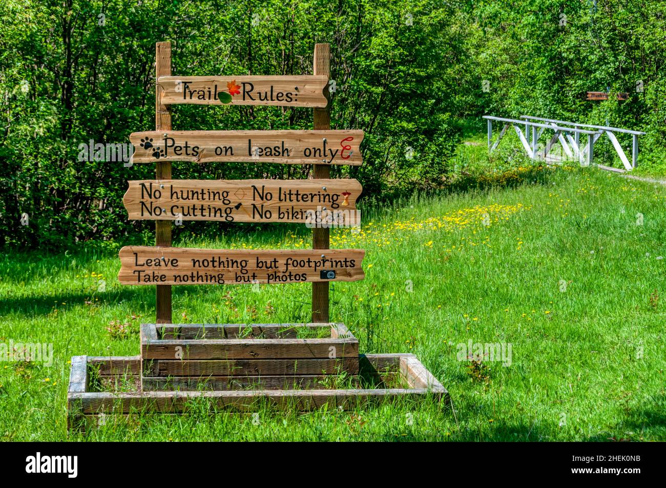 Un cartello Trail Rules all'atart del sentiero escursionistico e avventura nocciola, Crescent Lake, Terranova. Foto Stock