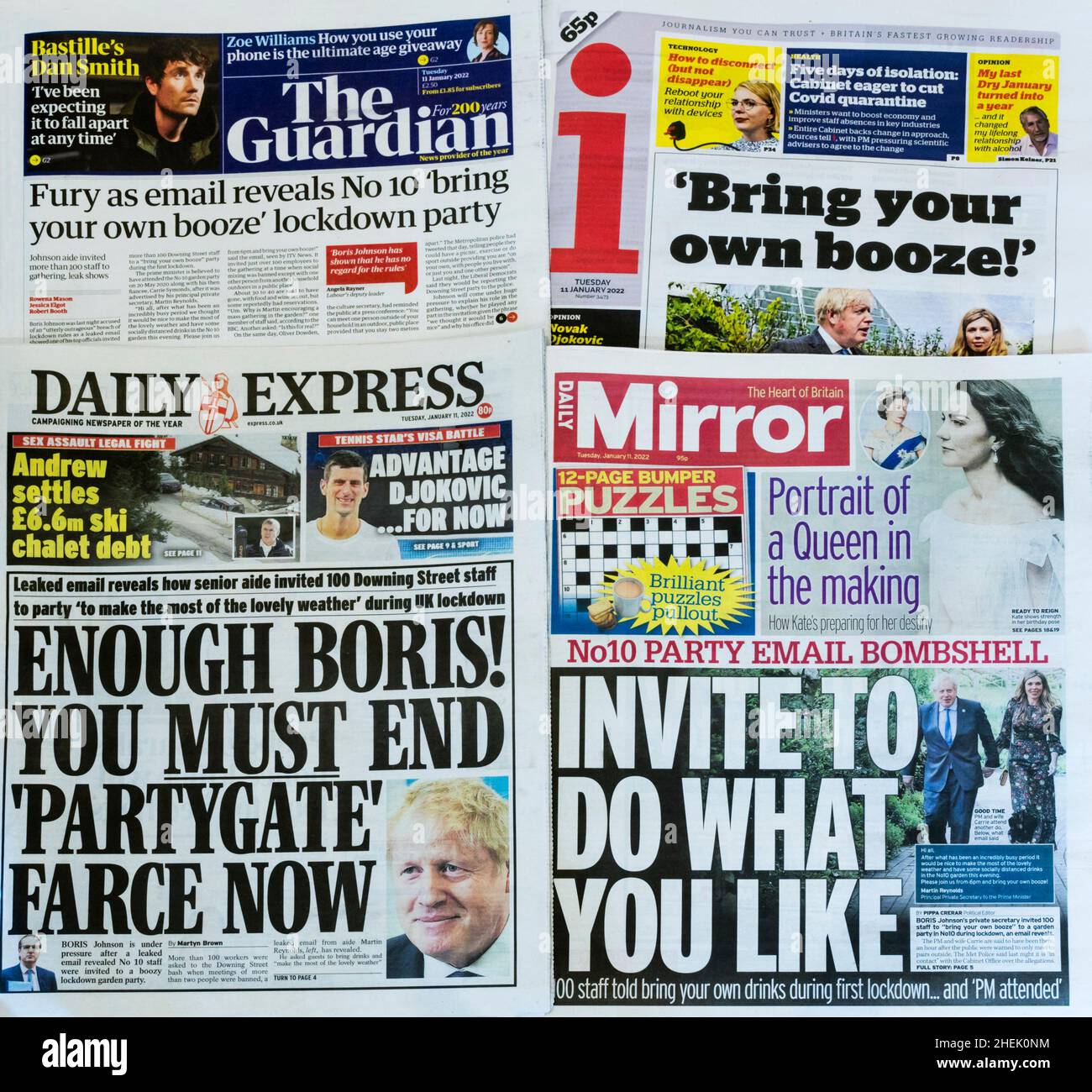 11 Jan 2022. Titoli di giornale dopo le ultime rivelazioni circa la rottura di regola di blocco di Covid da Boris Johnson & Downing Street. Foto Stock