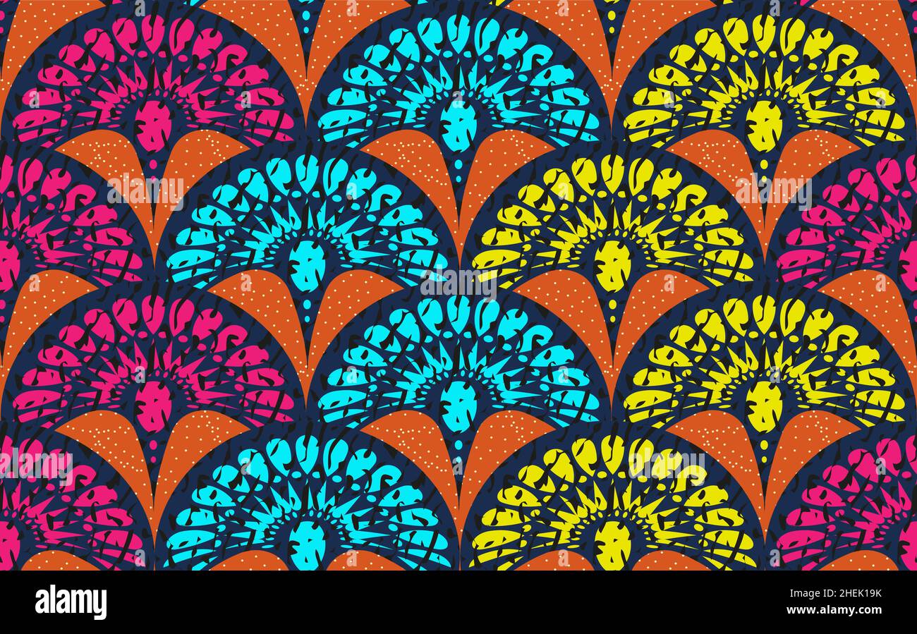 African Wax Print tessuto, etnico sovrapposizione ornamento senza cuciture design, Kitenge motivo motivi floreali elementi. Tessuto vettoriale, tessuto afro colorato Illustrazione Vettoriale