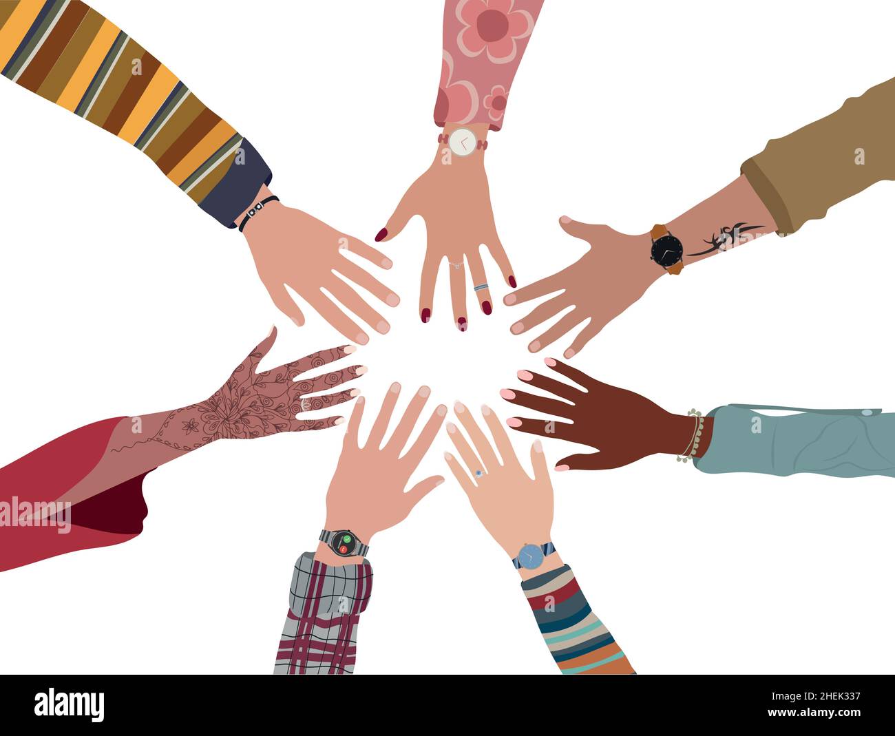 Gruppo di mani in un cerchio di diverse multiculturali multi-etnico people.Team o concetto di comunità. Diversità delle persone nella cultura social networks.Race Illustrazione Vettoriale