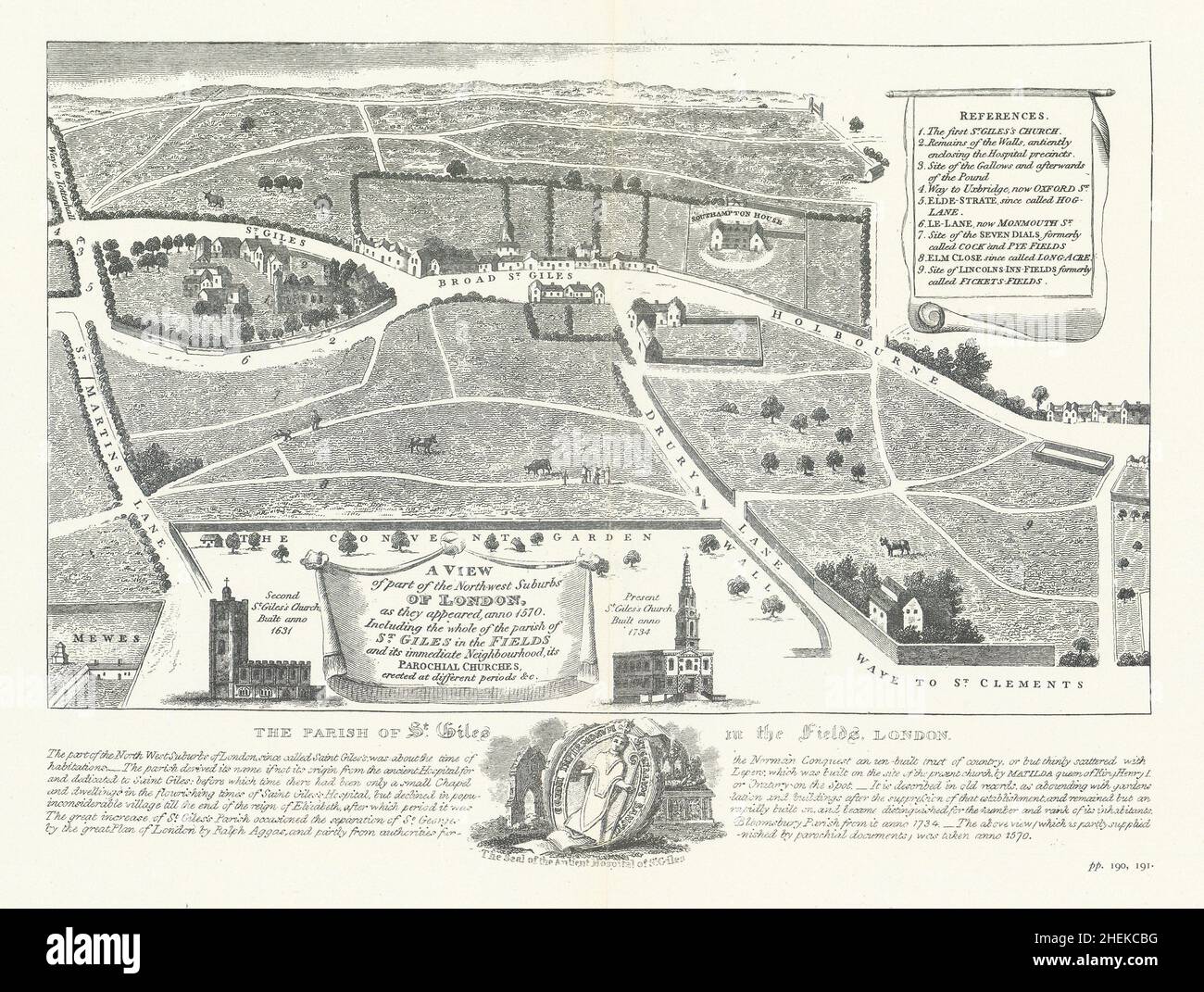 St Giles nei campi nel 1570 dopo Vertua/Agas. Mappa Drury Lane Holborn 1908 Foto Stock