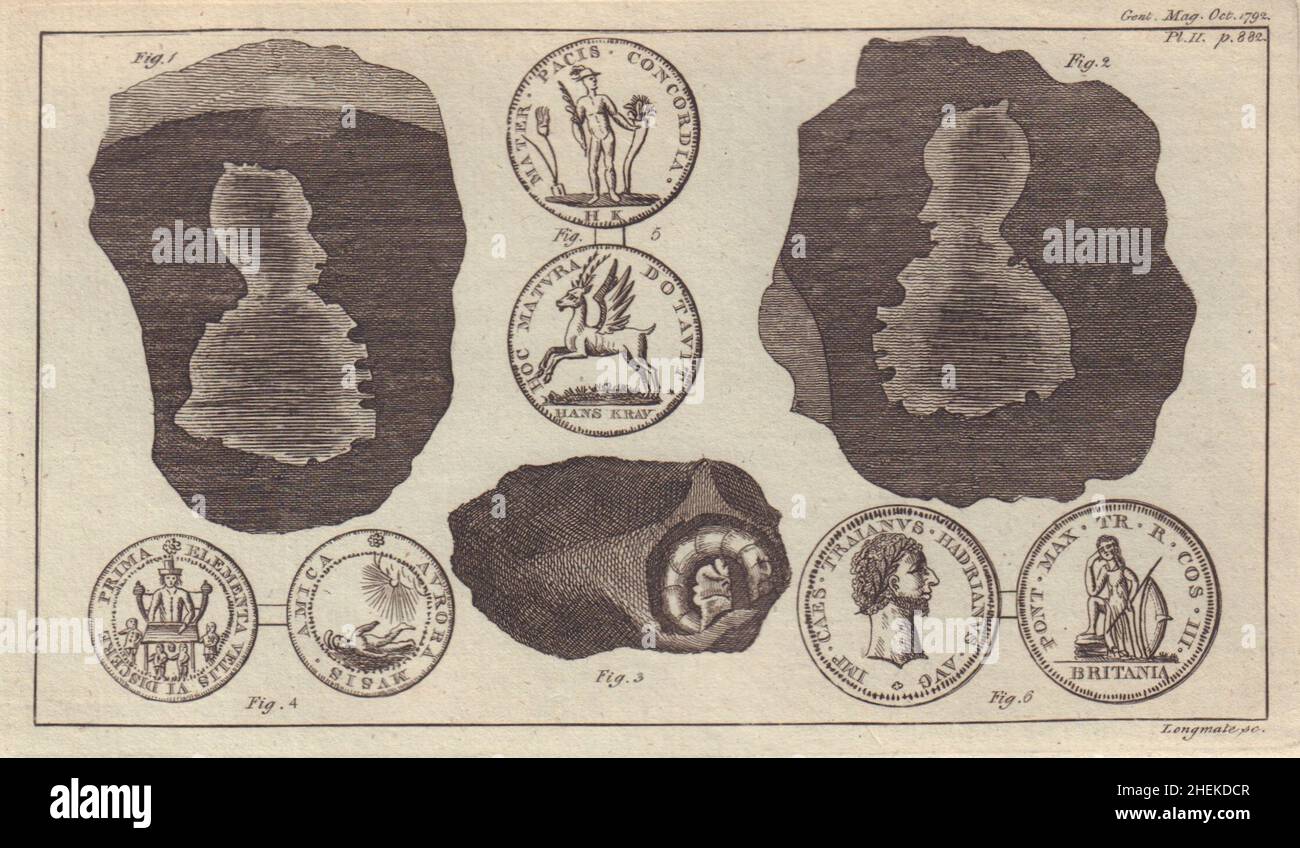 flintstone fossile caterpillar. Contatore ottone romano e moneta di Norimberga Adriano 1792 Foto Stock