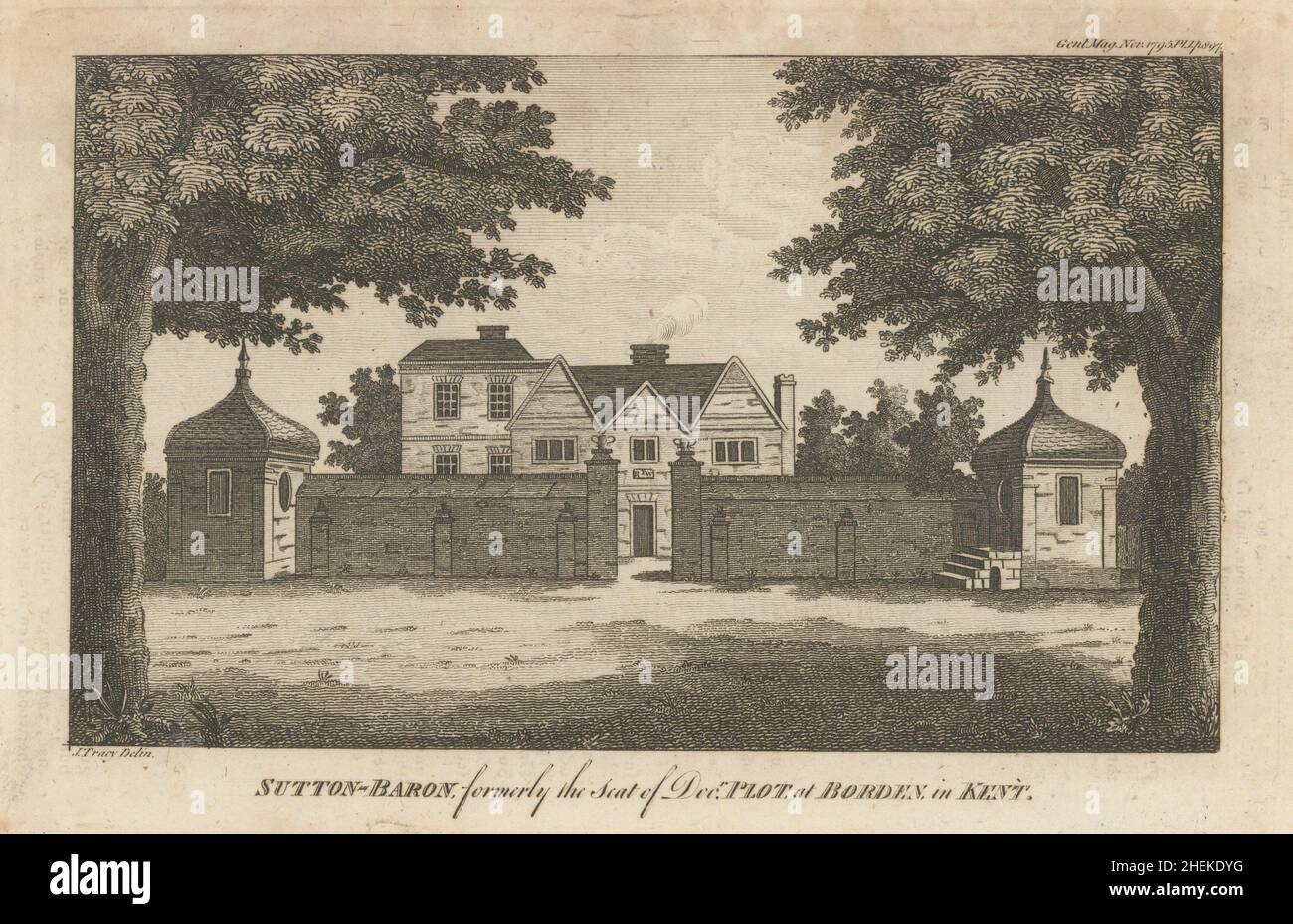 Sutton Baron, Borden, Sittingbourne, Kent. Dr Robert Plot 1795 vecchia stampa Foto Stock