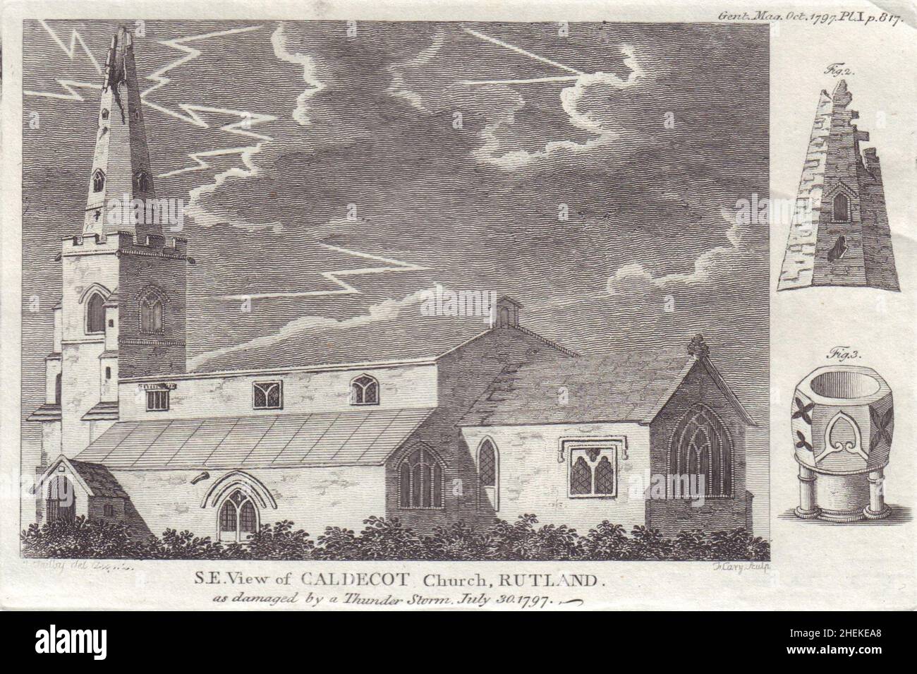 Vista della Chiesa di San Giovanni Caldecot, Rutland danneggiato dalla tempesta di tuoni nel 1797 1797 Foto Stock