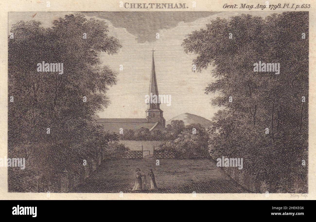 Vista di Cheltenham Minster St Mary. Gloucestershire 1798 stampe antiche Foto Stock
