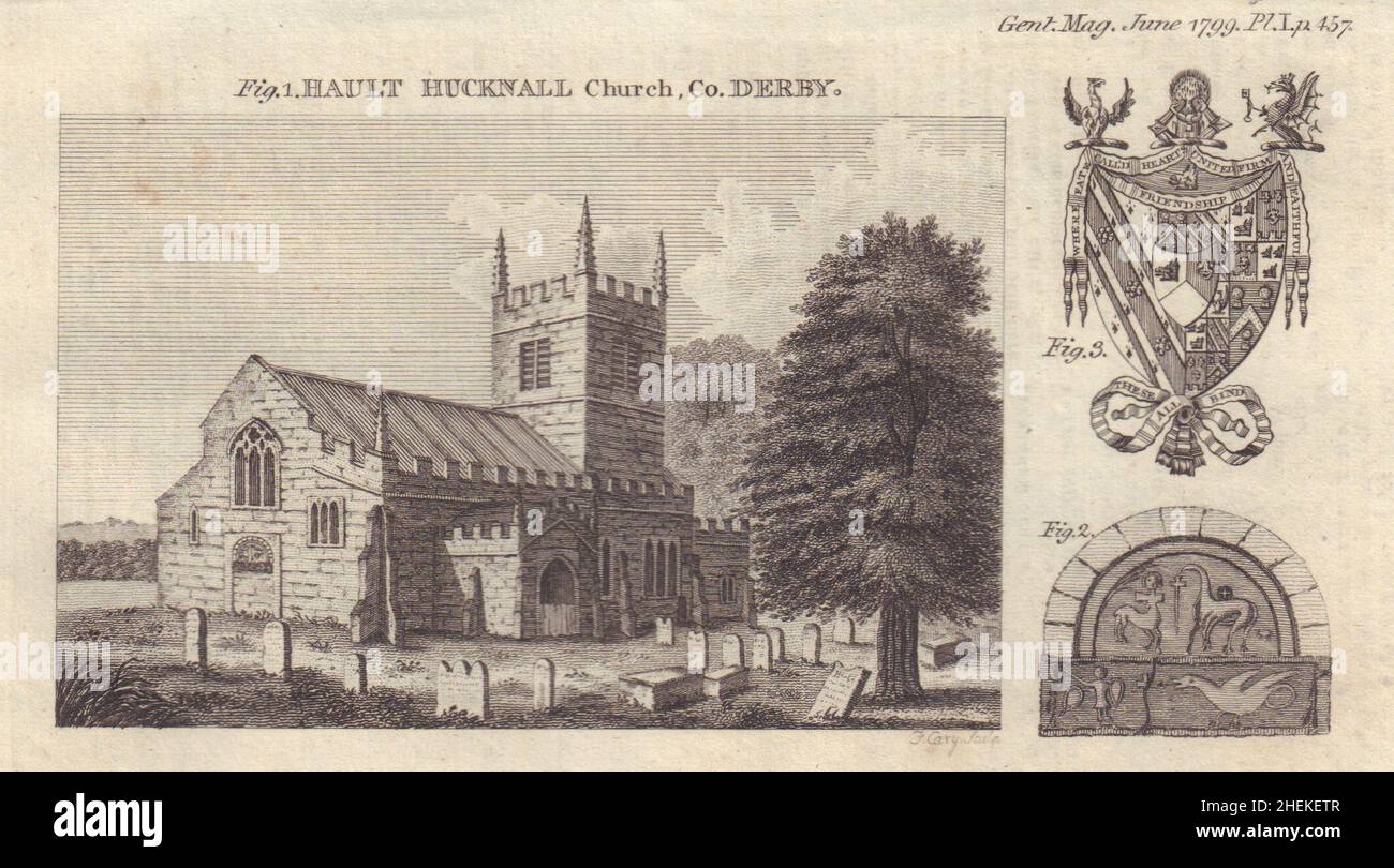 Chiesa di San Giovanni Battista Ault Hucknall, Derbys. Scultura. Schermo dei bracci 1799 Foto Stock