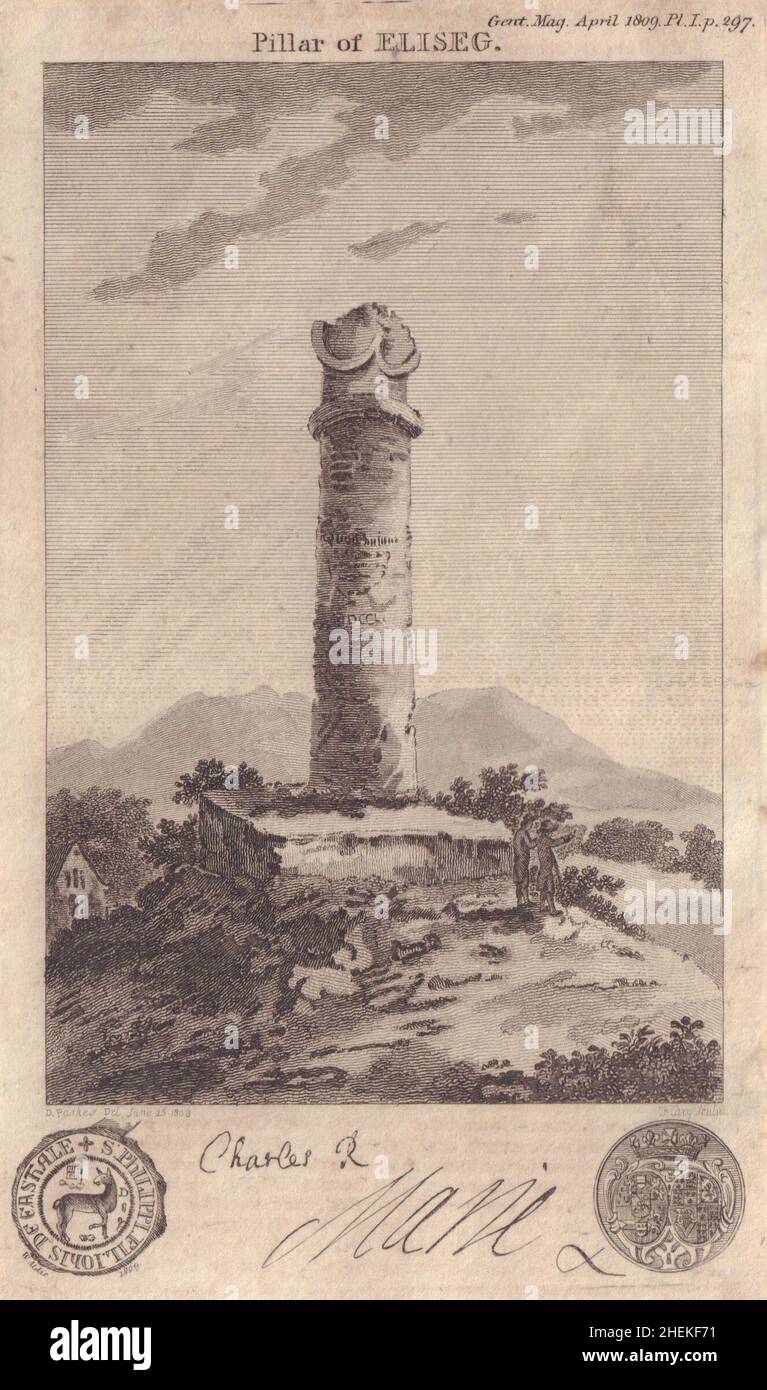 Colonna di Eliseg, Abbazia di Valle Crucis, Denbighshire. Autografo Carlo II 1809 Foto Stock