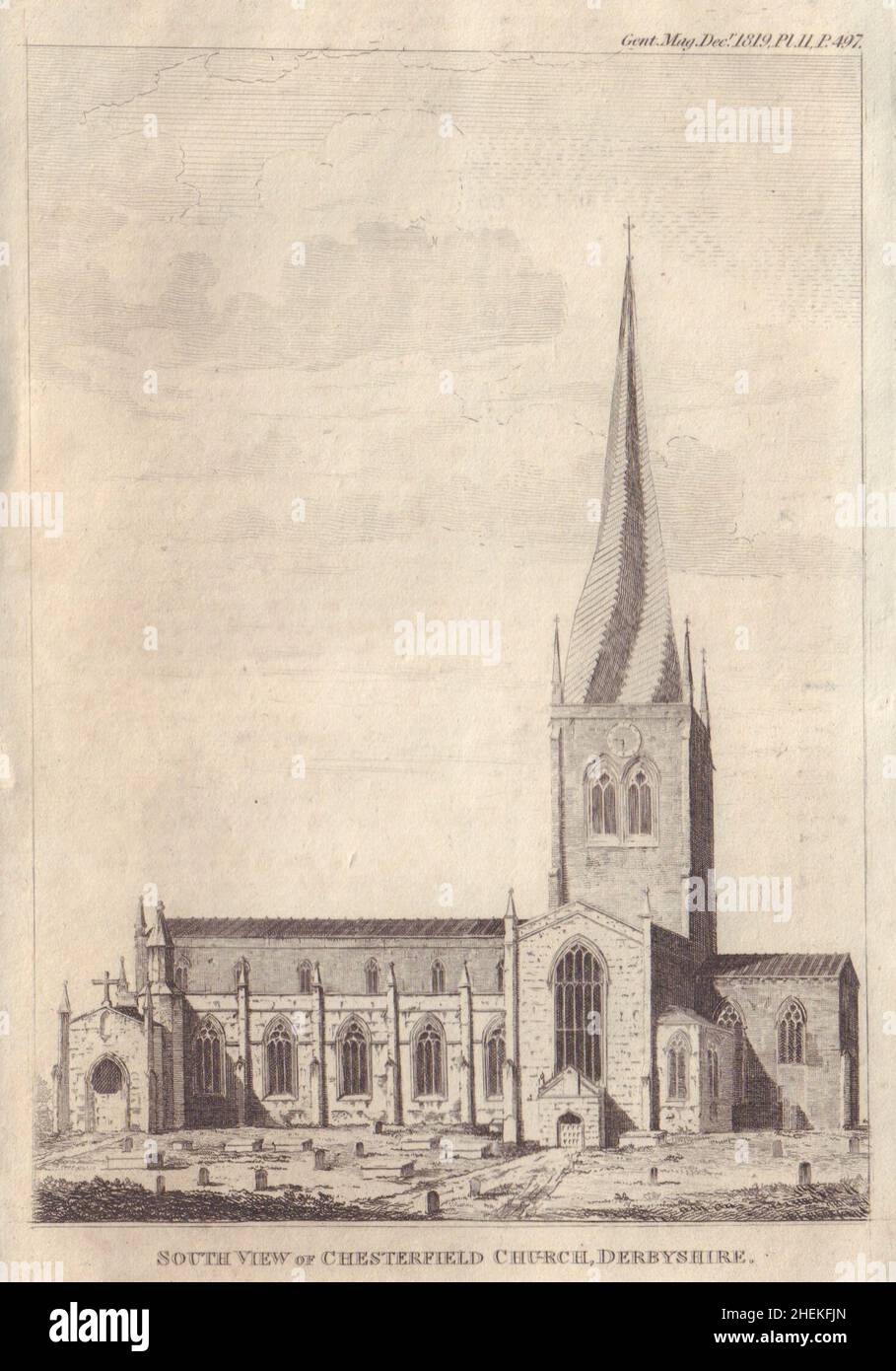 Vista sud di St Mary and All Saints Church, Chesterfield, Derbyshire 1819 Foto Stock