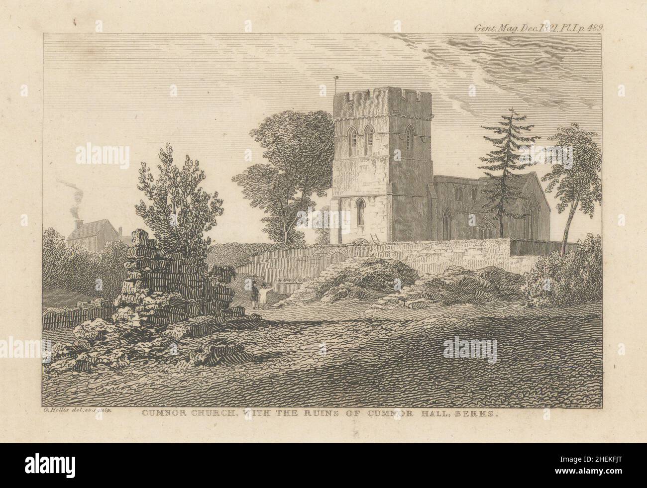 Chiesa di San Michele, con le rovine di Cumnor Hall, Cumnor, Berkshire 1821 Foto Stock