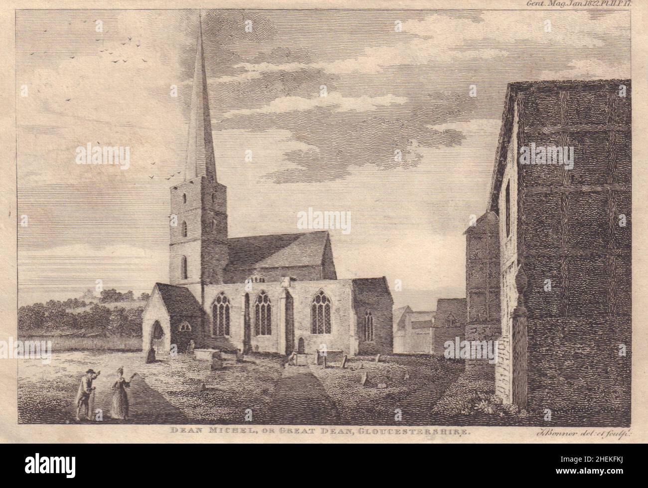 Chiesa di San Michele e tutti gli Angeli, Mitcheldean, Gloucestershire 1822 stampa Foto Stock