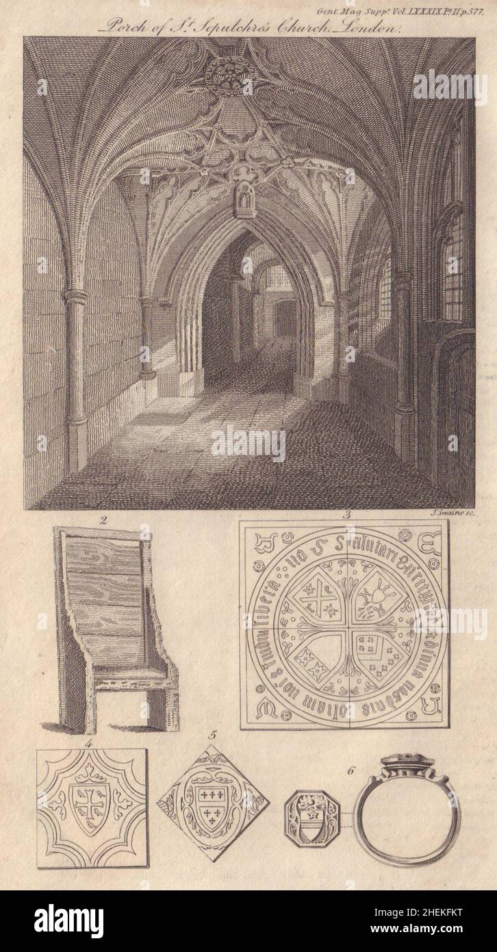 Holborn London, la chiesa del Santo Sepolcro portico. Bede Chair St Paul's Jarrow 1819 Foto Stock