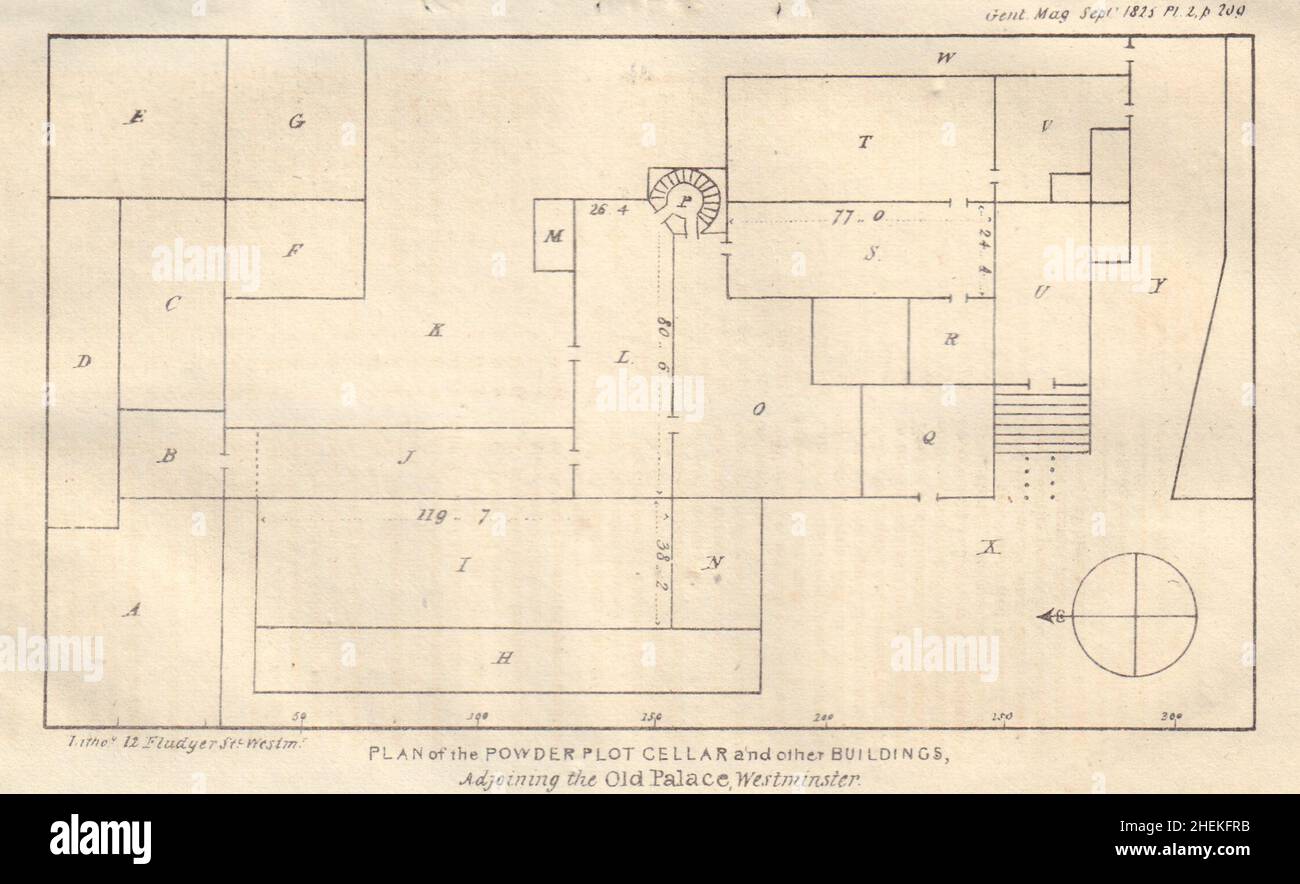 Gunpower plot cantina piano, Westminster Old Palace, Londra. Guy Fawkes 1825 mappa Foto Stock