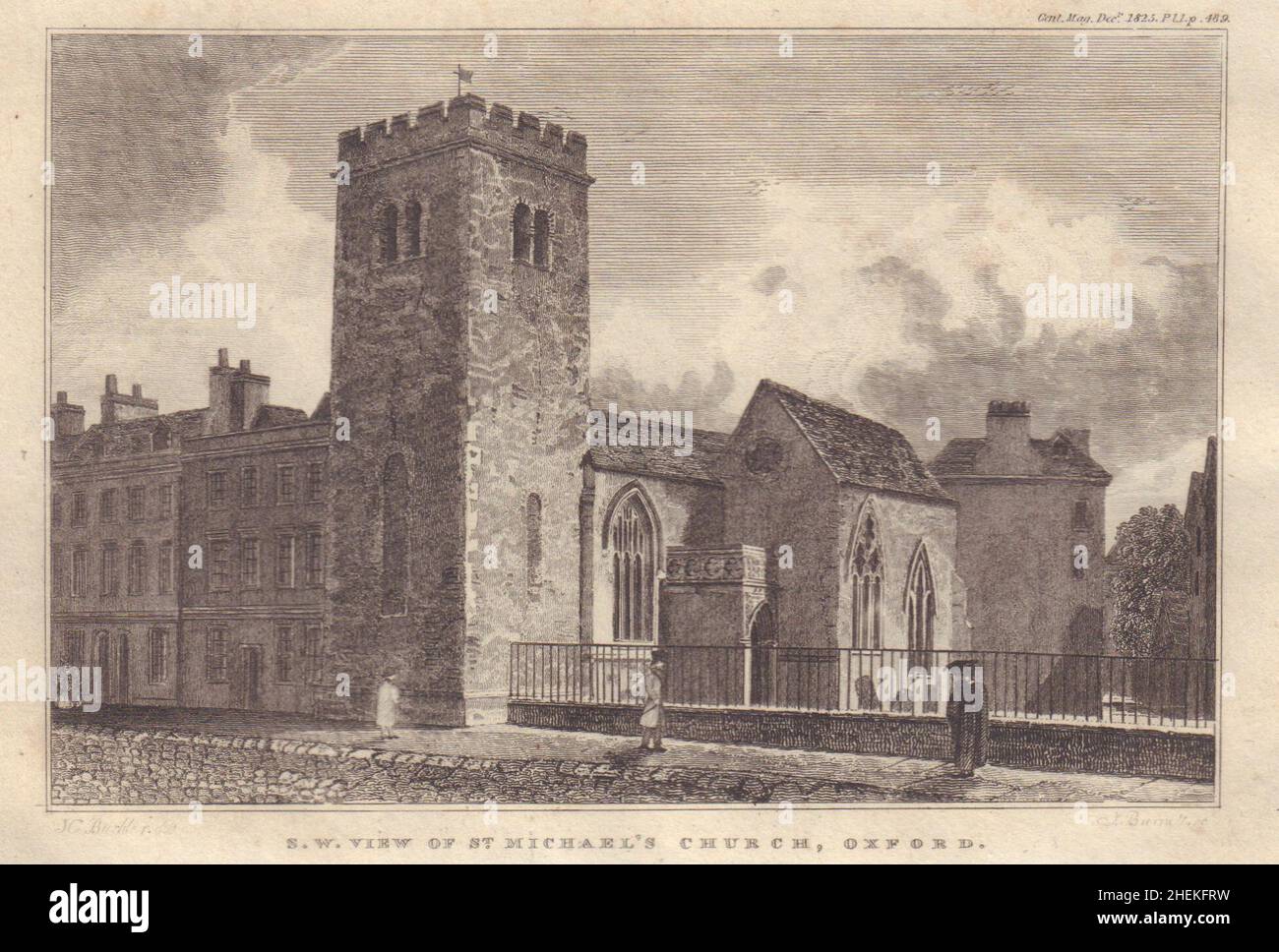 St Michael presso la chiesa North Gate, Cornmarket Street, Oxford 1825 vecchia stampa Foto Stock