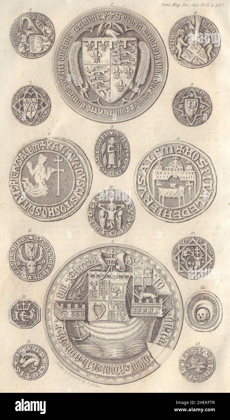 Sigilli antichi di Enrico Principe di Galles, Giacomo i, Raymond du Pay, San Pietro… 1825 Foto Stock
