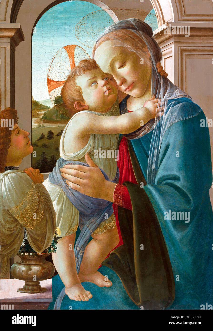 Madonna col Bambino con Angelo di Sandro Botticelli (Alessandro di Mariano di Vanni Filipepi, c.1445-1510), tempera su pannello, c.1475-85 Foto Stock