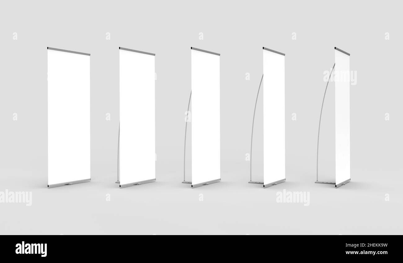 Diverse viste di un Banner da esposizione interno bianco Stand 3D vengono eseguite con un PVC bianco, isolato su sfondo bianco per mockup e illustrazioni. Foto Stock