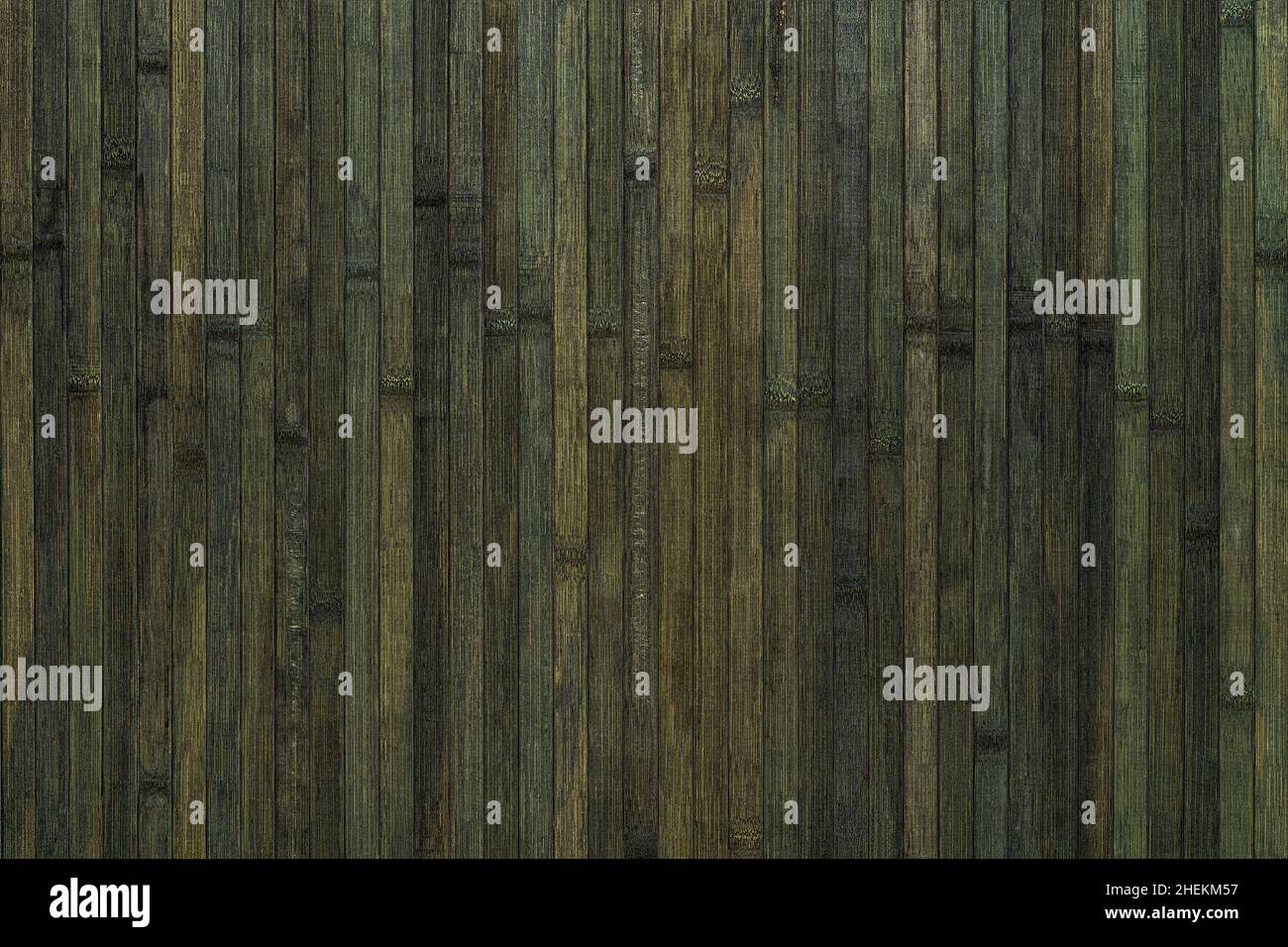 Assi verticali di legno di bambù laccato con fondo a strisce. Superficie di colore nero verdastro bordo di bambù texture. Elemento di design interno Foto Stock