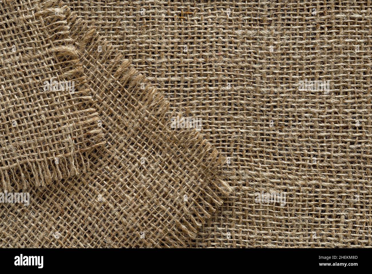 Tela di tela con bordi strappati di fondo. Macrofisura di sacco di canapa, iuta o lino, tessuta grossolanamente. Elemento di design rustico in stile country. Foto Stock