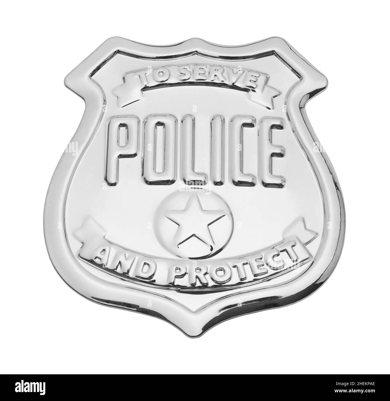Distintivo della polizia di metallo tagliato su bianco. Foto Stock