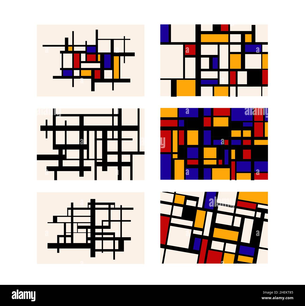 Sei composizioni geometriche astratte, dipinti retrò vintage in stile Piet Mondrian Illustrazione Vettoriale