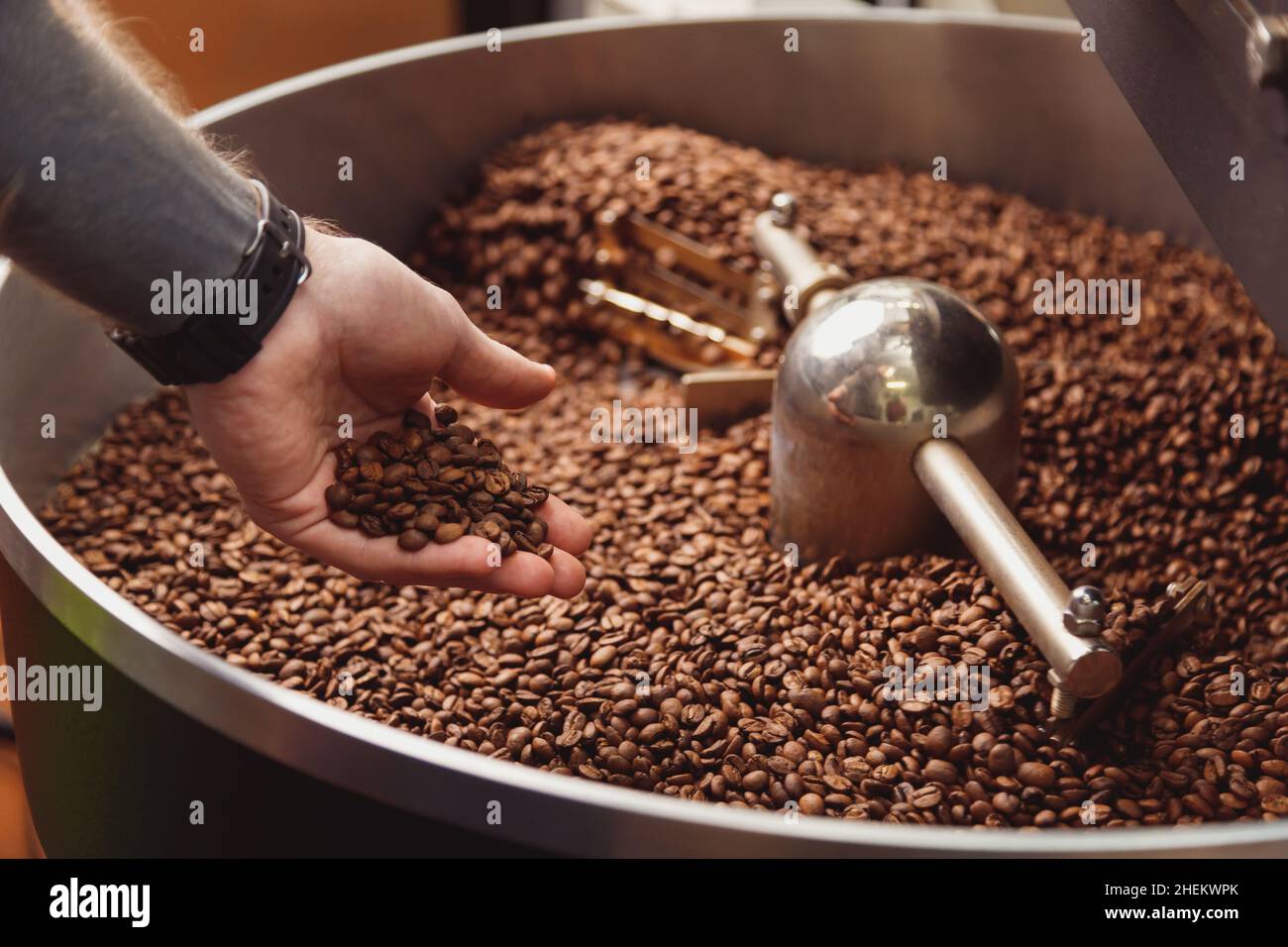 Man controllare i chicchi di caffè torrefatti sulla piastra di raffreddamento dell'tostatore industriale. Torrefazione di fagioli industriali. Vista dall'alto Foto Stock
