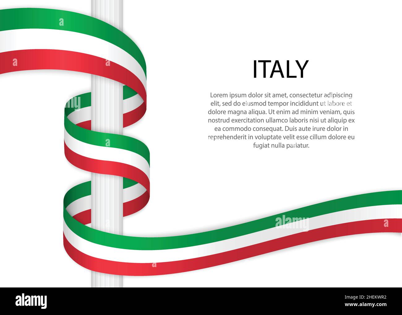 Nastro ondulato in pole con bandiera italiana. Modello per il design del poster del giorno dell'indipendenza Illustrazione Vettoriale