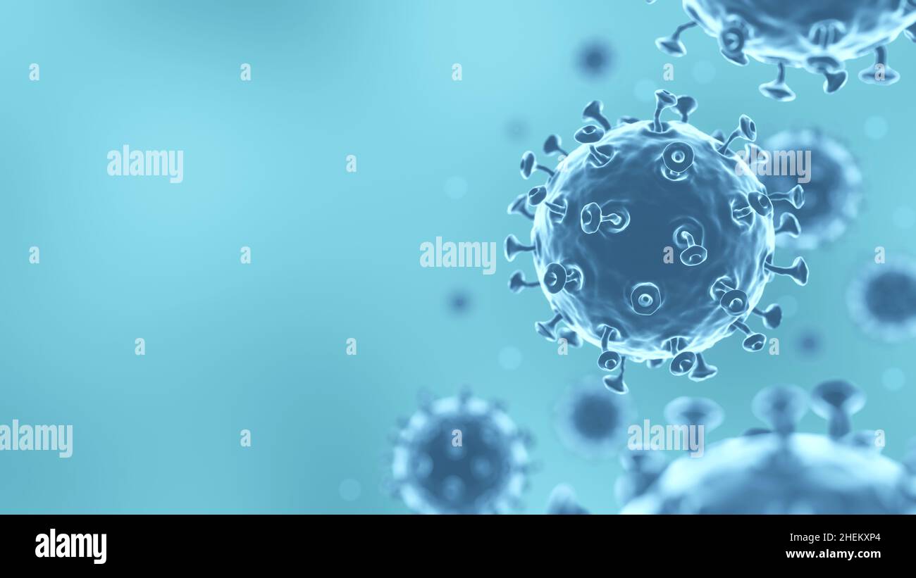 COVID-19 Corona virus con Spike glicoproteina sono galleggianti sull'aria e spazio di copia sul lato sinistro per il testo di riempimento . Sfondo blu . 3D rend Foto Stock