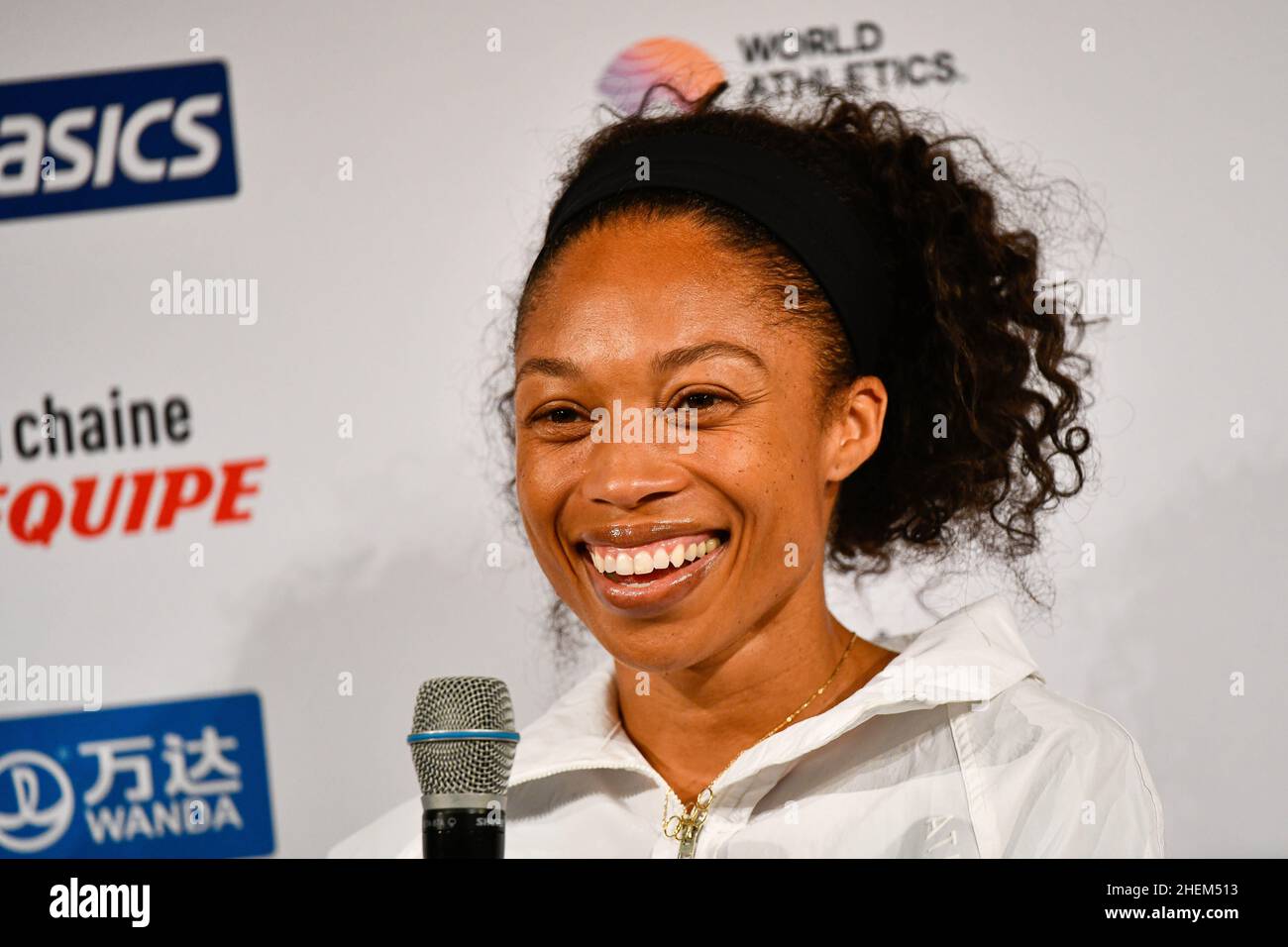 Allyson Felix (Women's 400m) degli Stati Uniti d'America (USA) partecipa alla conferenza stampa prima di Meeting de Paris, IAAF Wanda Diamond League, incontro Foto Stock