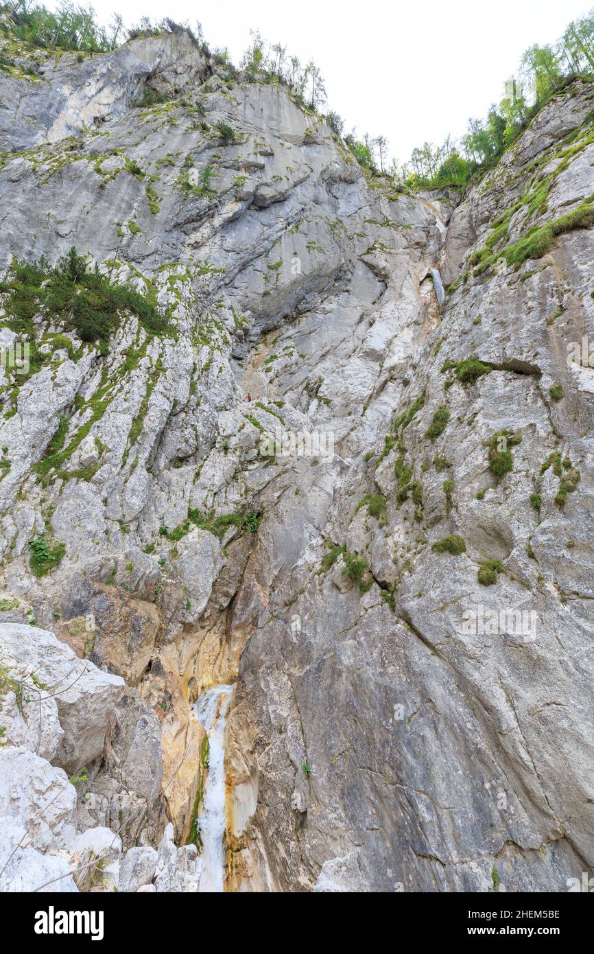 L'acqua cristallina sta cadendo lungo la cascata di Zgornji, Slovenia Foto Stock