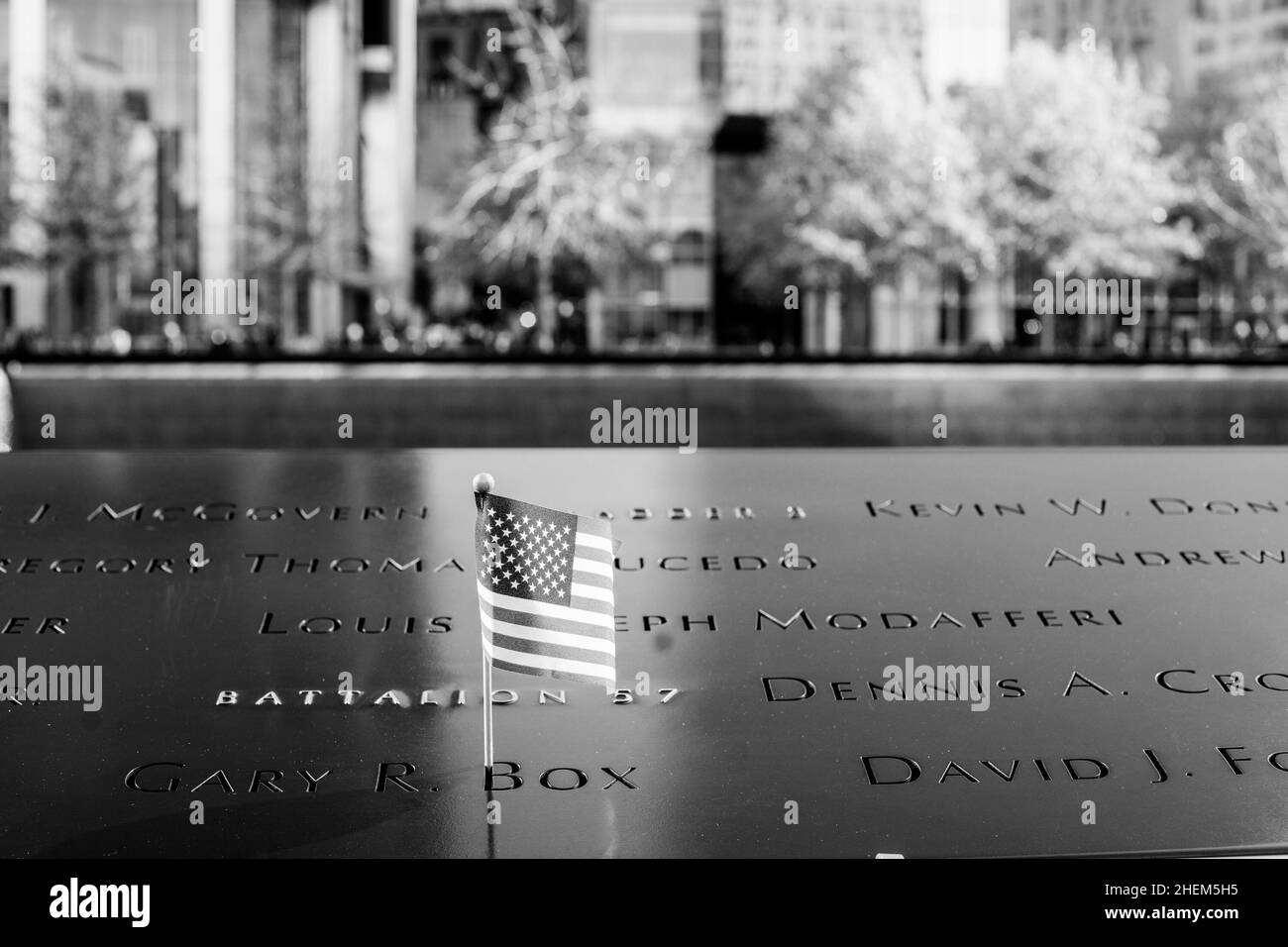 9/11 World Trade Center Memorial a Lower Manhattan durante la pandemia COVID-19. Foto Stock