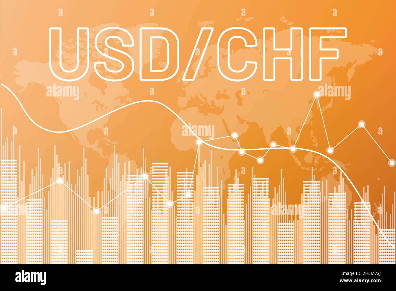 Grafico valuta coppia USD, CHF su sfondo finanziario giallo da colonne, linee, mappa del mondo. Concetto di mercato finanziario Illustrazione Vettoriale