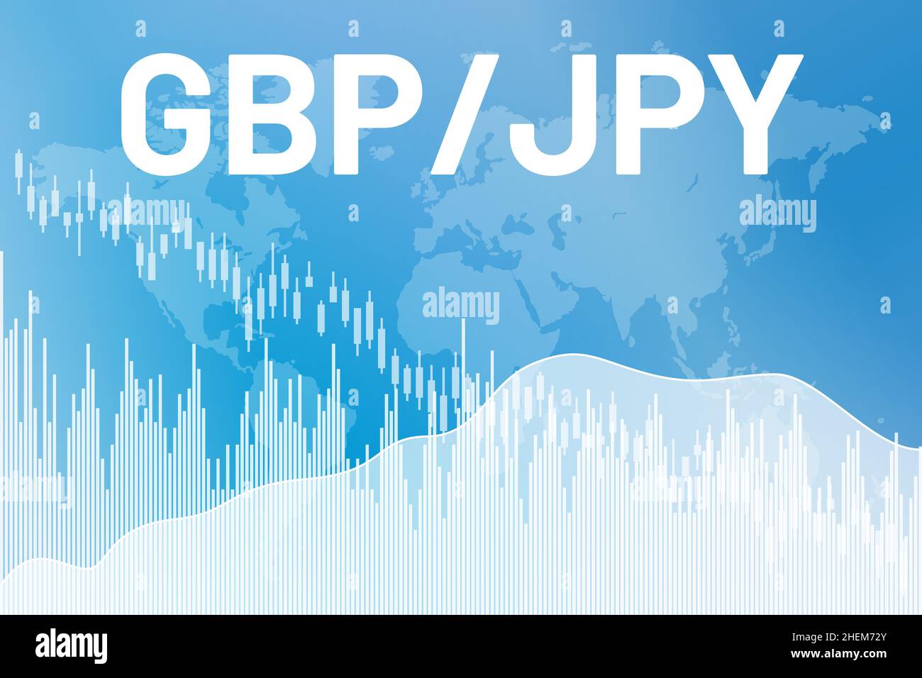 Grafico valuta coppia GBP, JPY su sfondo blu finanza da colonne, linee, candele, mappa del mondo. Concetto di mercato finanziario Illustrazione Vettoriale