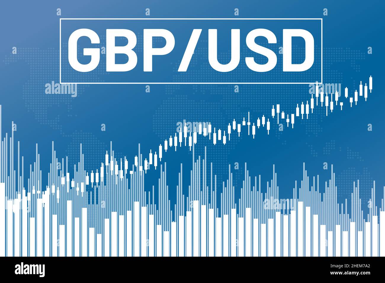 Grafico valuta coppia GBP, USD su sfondo blu finanza da colonne, candelieri, mappa del mondo. Concetto di mercato finanziario Illustrazione Vettoriale
