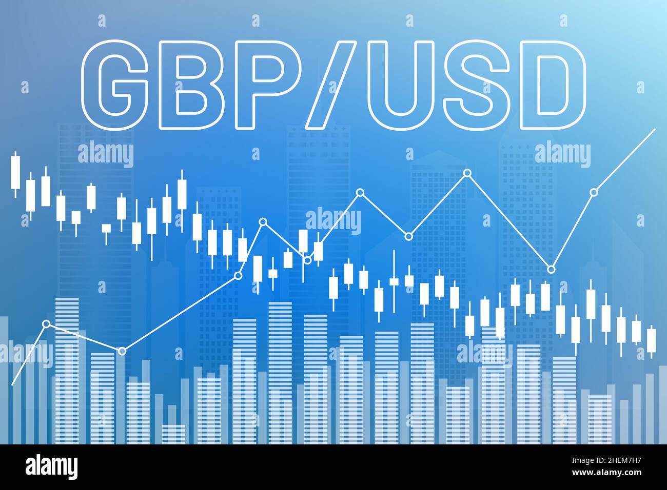 Grafico valuta coppia GBP, USD su sfondo blu finanza da colonne, linee, candelieri, città. Concetto di mercato finanziario Illustrazione Vettoriale