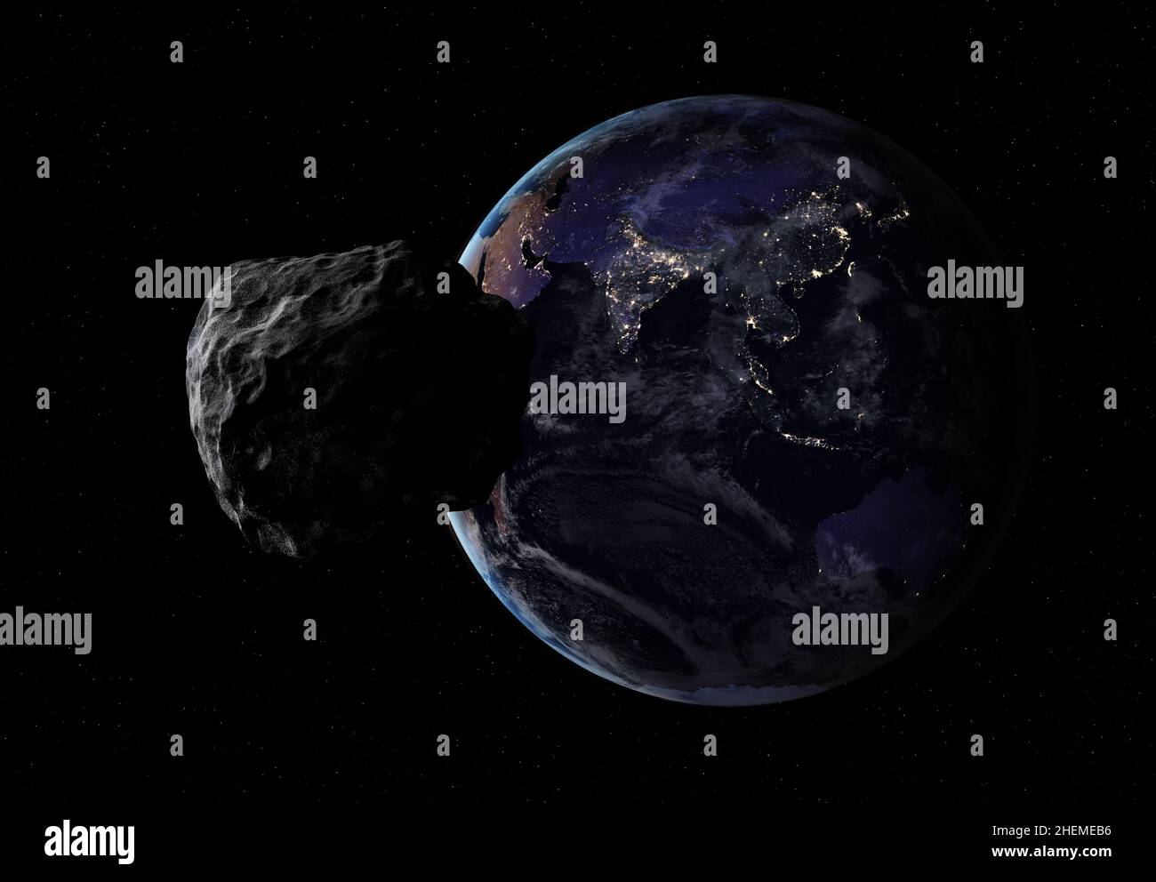 asteroide pericoloso che si avvicina al pianeta Terra dal lato della notte. Asia e Australia di notte dallo spazio. Elementi di questa immagine forniti dalla NASA. Foto Stock